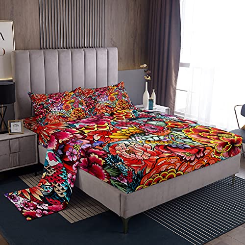 Erosebridal Boho Floral Fitted Sheet for Bedroom,Bohemian Sheet Set,Garden Plant Jungle Bedding Set 4 Piece Colored Flower (1 Fitted Sheet,1 Flat Sheet,2 Pillowcases),Multicolor King Size