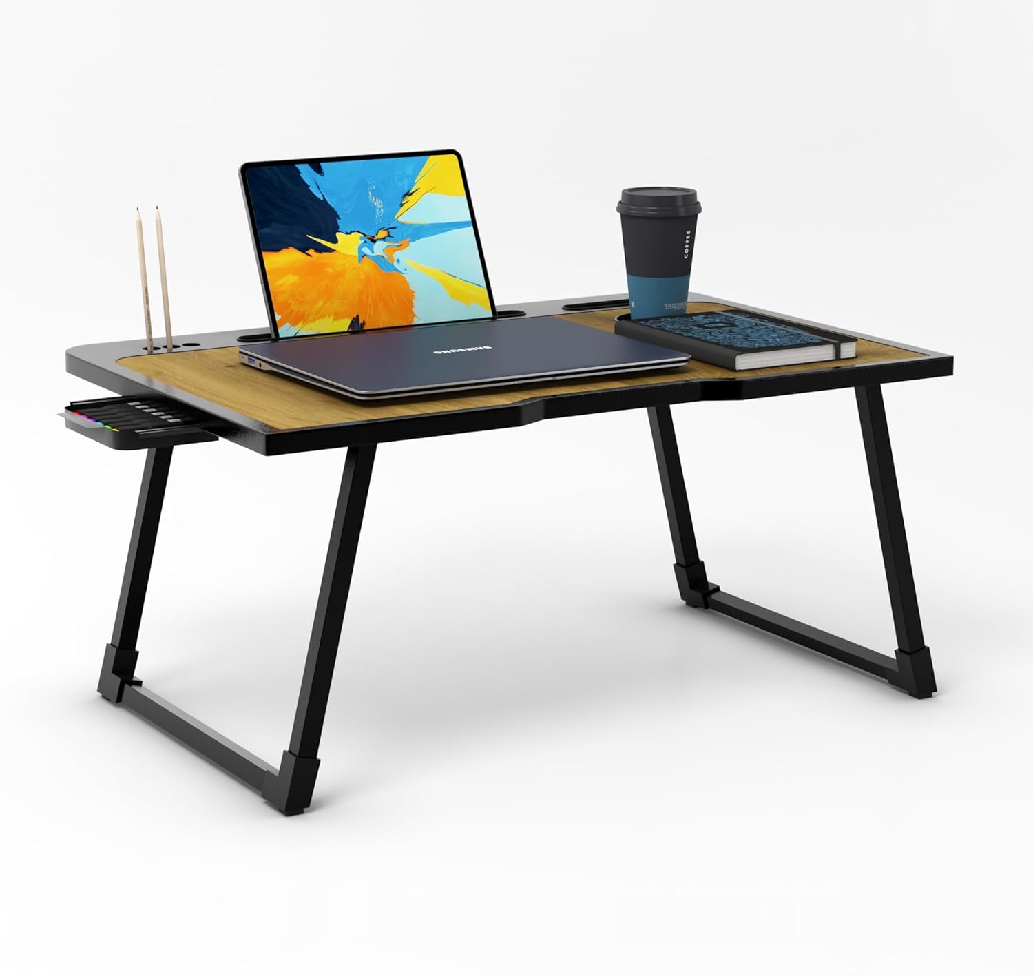 Radiant Multipurpose Foldable Laptop Table, Cup Holder, Drawer, Mac Holder, Study Table, Breakfast Table, Portable, Ergonomic, Rounded Edges, Non-Slip Legs (Wooden)
