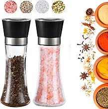 Kit 2 Moedor De Pimenta e Sal Grosso Triturador Girátório Manual Ajustável 180 ML Frasco De Vidro Culinário Ideal P/Cozinha, Restaurante Hamburgueria Moe Especiarias, Grãos Pimenta do reino
