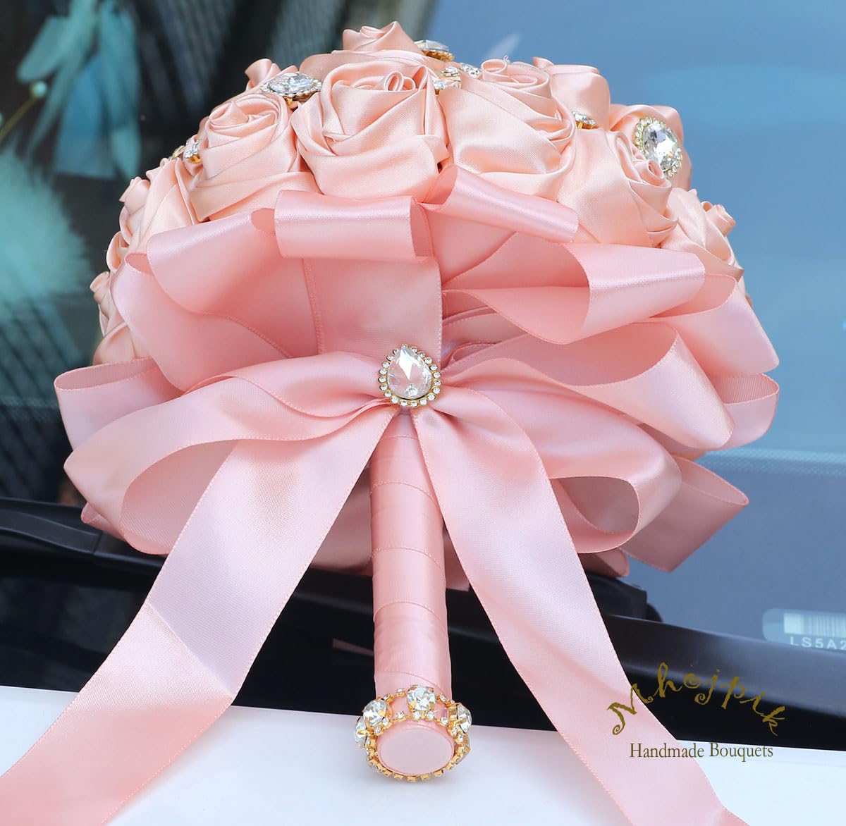19 cm rosa pesca bouquet da sposa rotondo Bling spilla bouquet lancio artificiale mazzo di fiori per sposa damigella d'onore matrimonio Quinceanera