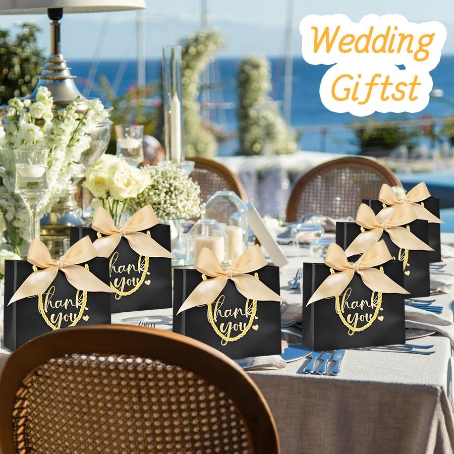 Nimbbex 50Pack Thank You Bags with Handles, 5.5x4.7x2.5 Inches Small Gift Bags with Bow Ribbon, Mini Party Favor Bags for Wedding Baby Shower Birthday (Black) - Image 2