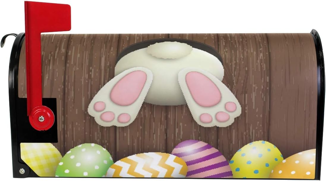WOOR Easter Motive White Bunny Bottom and Eggs On Dark Brown Wooden Background Magnetic Mailbox Cover Oversized for Garden Yard Outdoor Decorations-25.5" x20.8