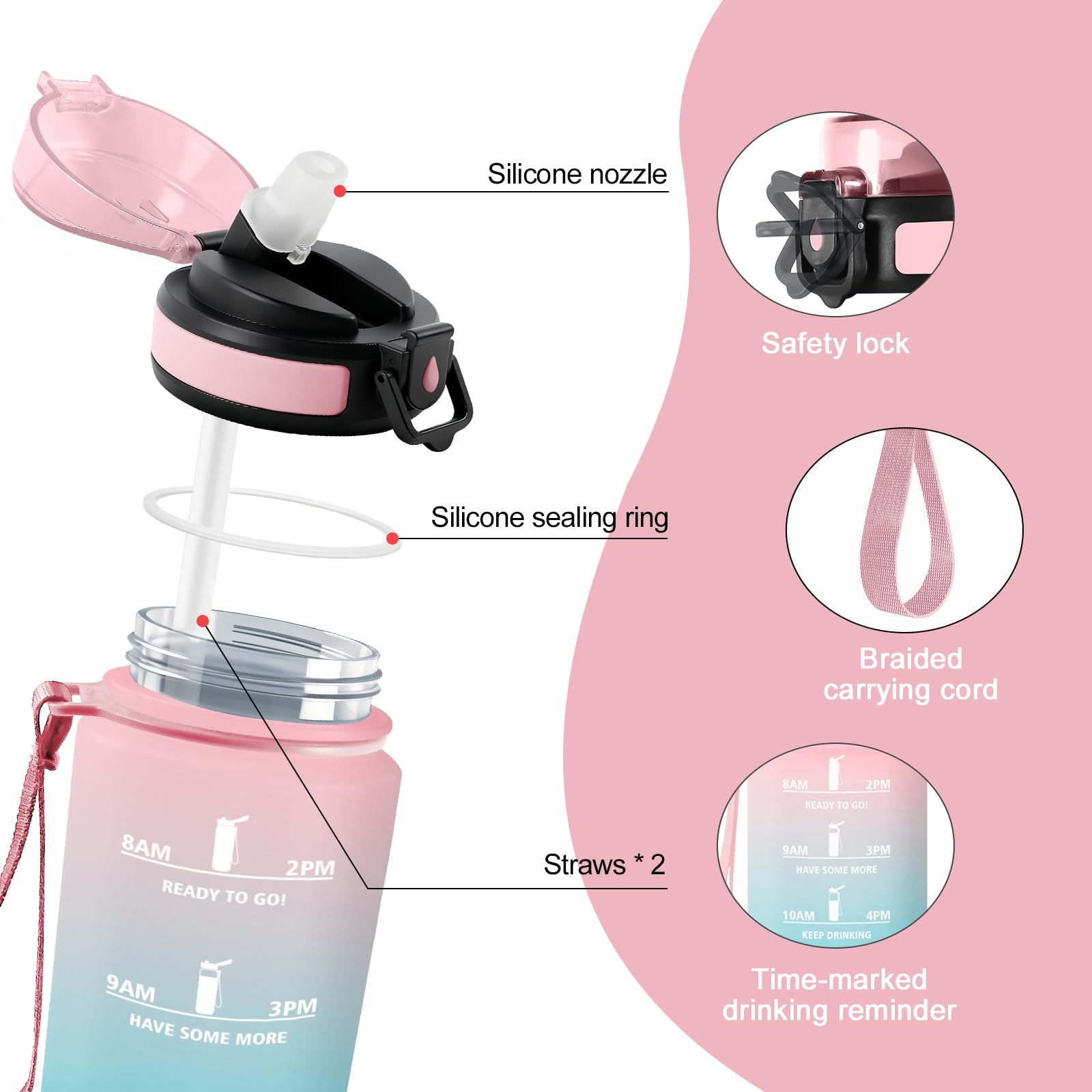 Motivation Water Bottle 500ml BPA Free Straw Motivation Water Bottle with Time Marker for Travel, Hiking, Outdoor, Fitness - 2