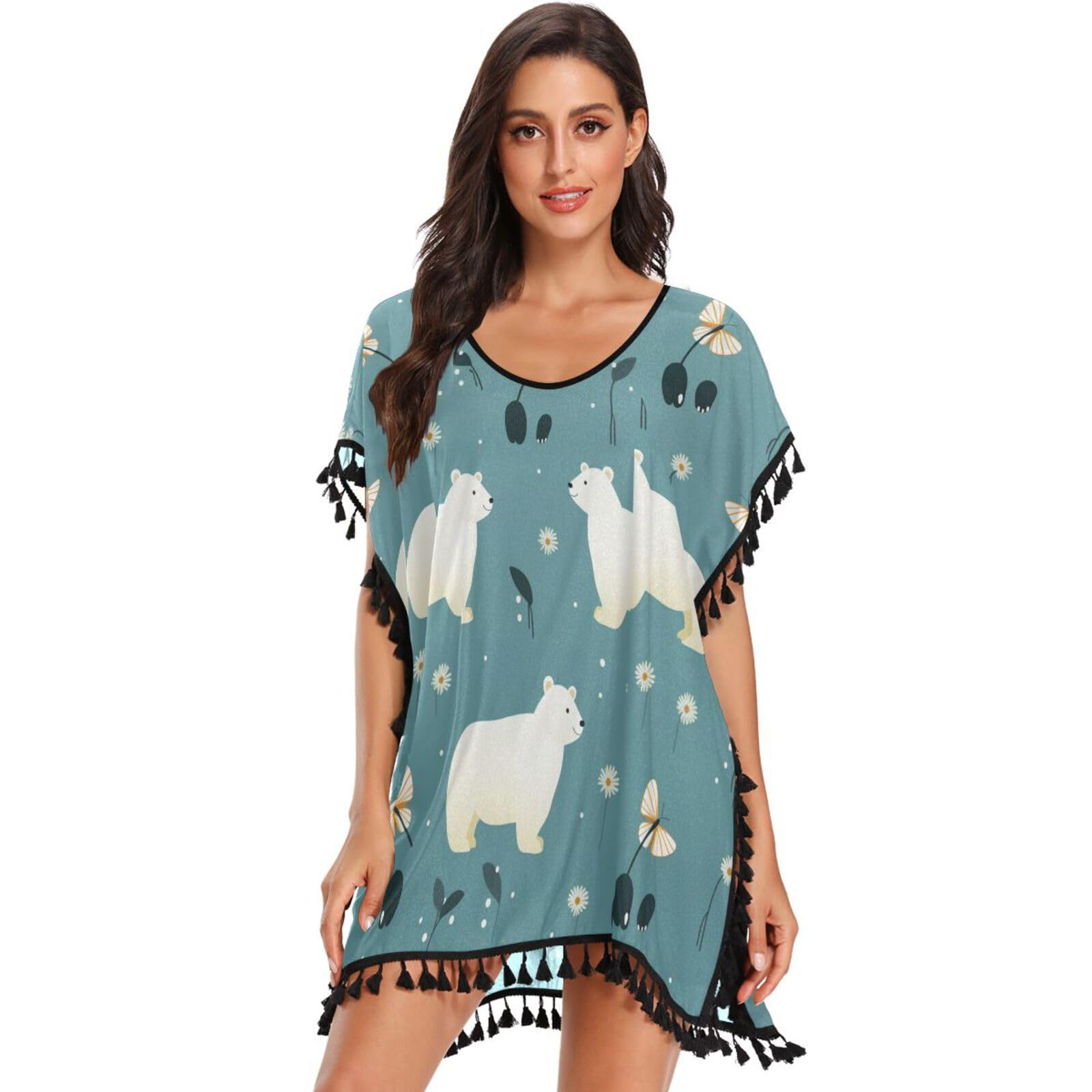 KAAVIYO Repeating Pattern White Bear Women's Beach Cover Up Chiffon Tassel Swimwear Swimsuit Coverups for Girl