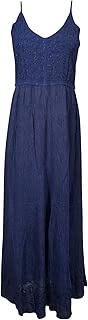 Mogul Interior Women's Summer Long Dress Spaghetti Strap Blue Embroidered Enzyme Wash Flared Maxi Dresses M