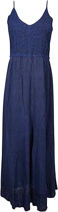 Mogul Interior Women's Summer Long Dress Spaghetti Strap Blue Embroidered Enzyme Wash Flared Maxi Dresses M