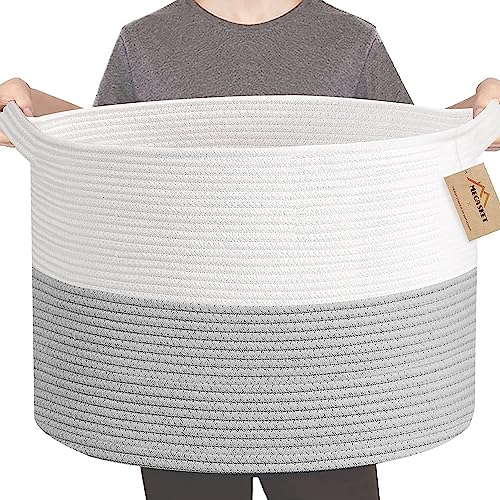 Image of MEGASKET XXXL Large Cotton Rope Storage Bin, 22" X 14" Basket for Blankets Living Room, Woven Baby Kids Toy Storage Bin Box, Giant Throw Pillow Organizer Holder, Large Wicker Basket for Shoes, Gray