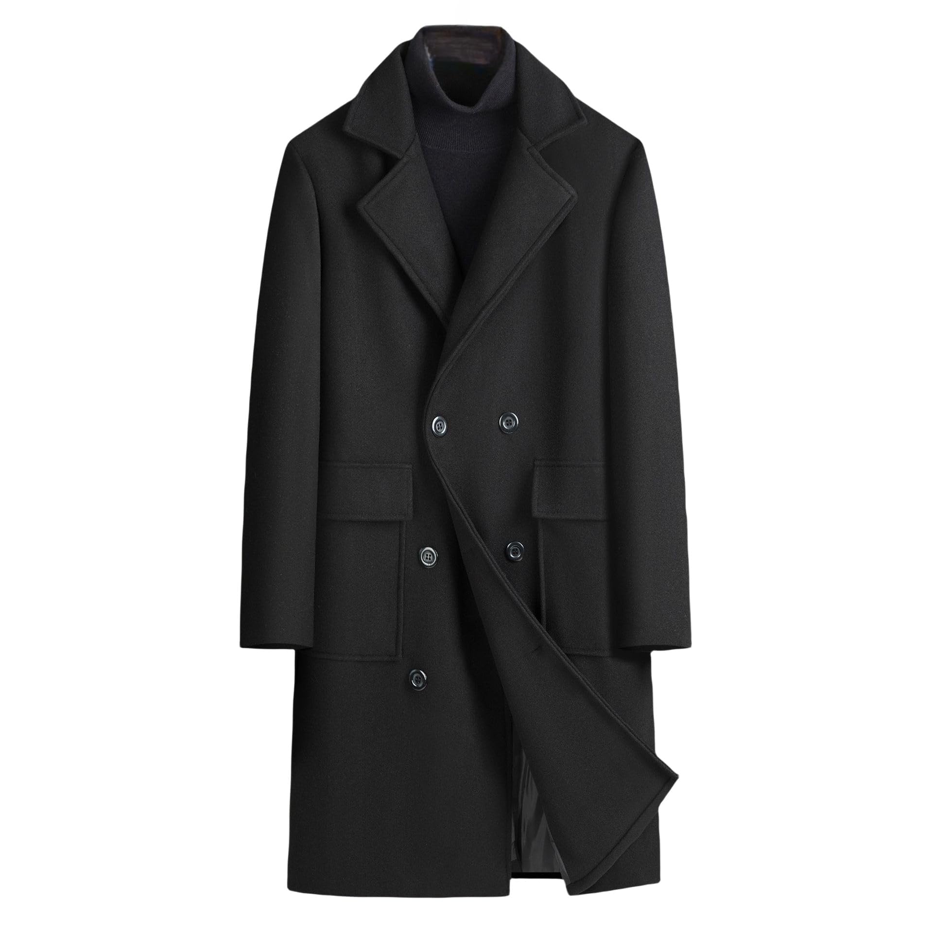 Długi trencz męski, ciepły zimowy trencz, dwurzędowa kurtka Peacoat, kurtka z kieszeniami, gruby, biznesowy, na co dzień, slim fit, klasyczny płaszcz, odzież wierzchnia (czarny, S), Czarny, S