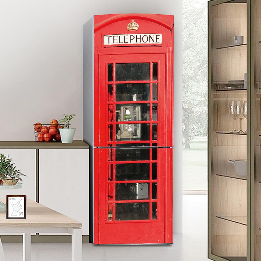 Targawerelax Red Fridge Wraps Kitchen Fridge Stickers Cover Full Doors, Fridge Sticker Full Covering Door Fridge Covers Skins Wall Stickers For Kitchen Decal, Old Phone Booth Vintage