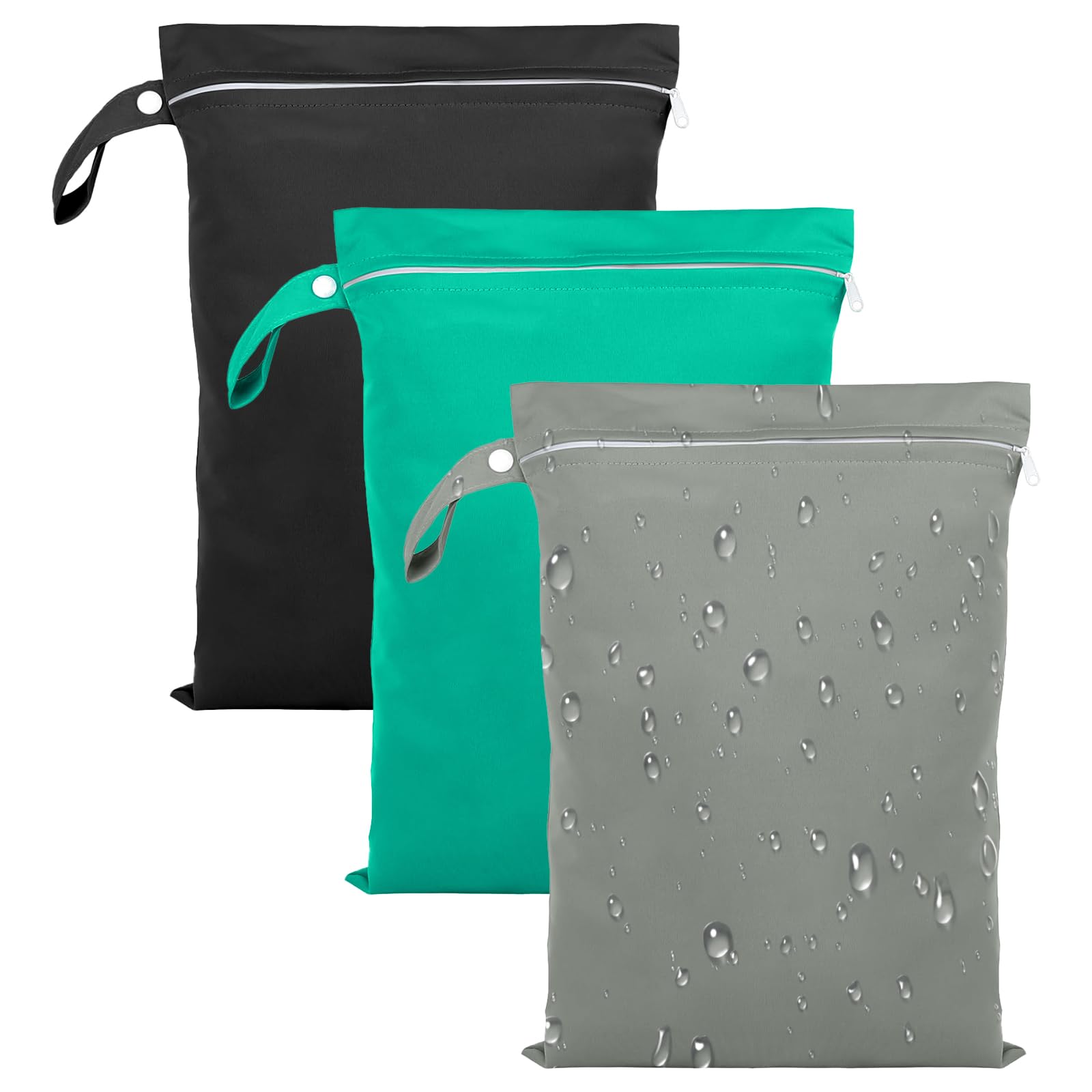 3 Pezzi Borsa Impermeabile, 40 x 30 cm Wet Bag per Costumi da Bagno Sacca Impermeabile con Cerniera, Borsa Viaggio Riutilizzabile per Costumi da Bagno, Asciugamani da Spiaggia(Grigio,Verde,Nero)