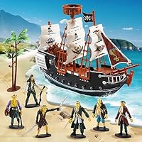 Pirate Action Figures Boat Playset Pirate Pretend Toys Pirate Ship with 6 Action Figures & Tree, Play Toy for Kids, Educational Learning Toys with Figurines,Trees and Boat- Gifts for Boys and Girls