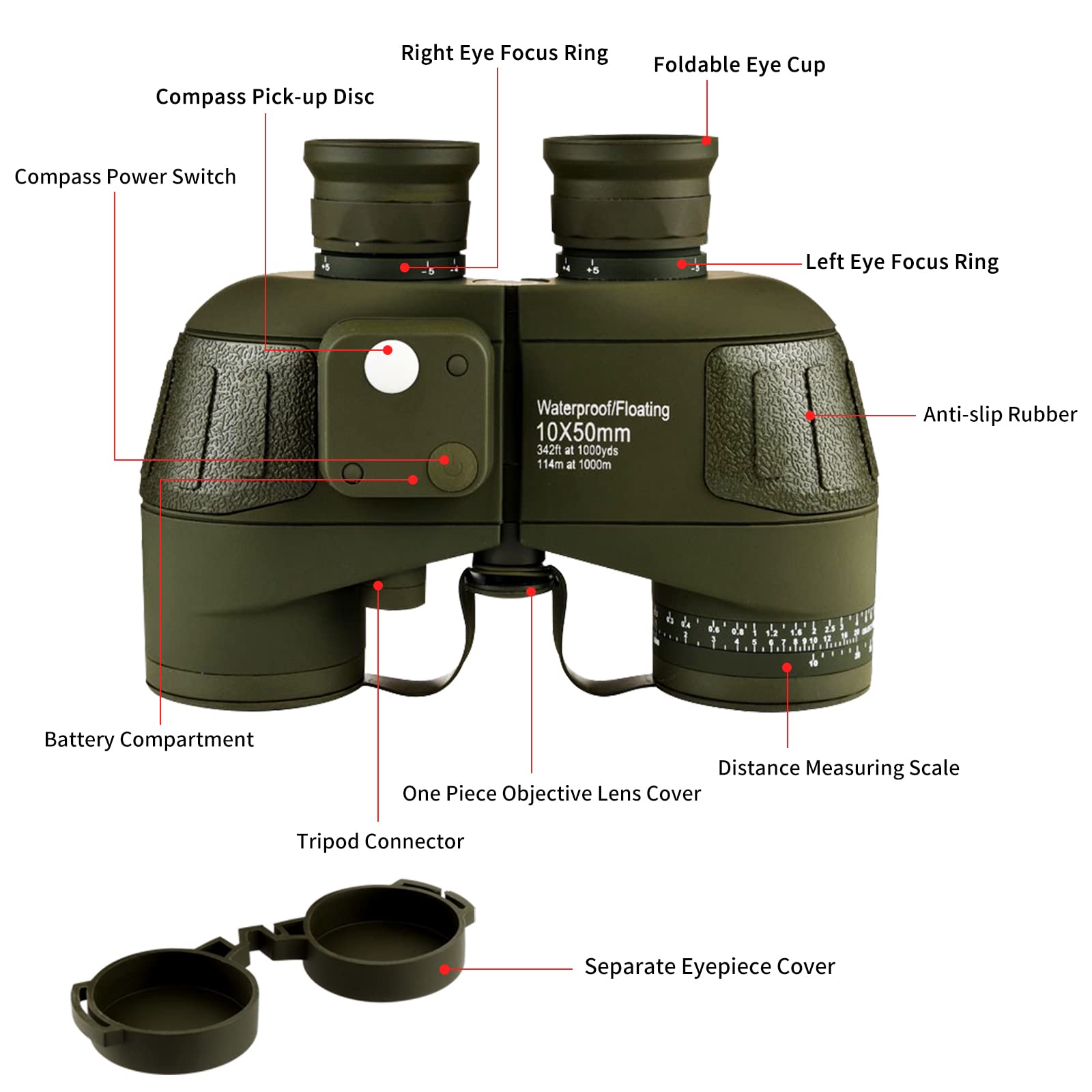 FOCUHUNTER Telescope 10X50 Compact Binoculars BAK4 Prism With English  Manual, Fogproof for Outdoor Birding Travelling Sightseeing