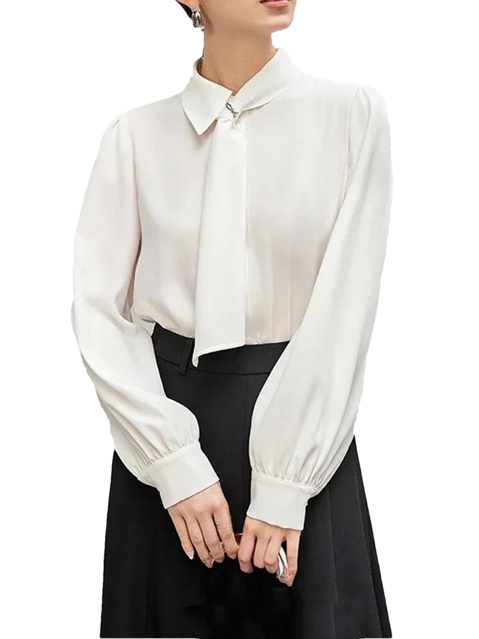 Blusa blanca de manga larga para mujer, informal, con solapa, color liso