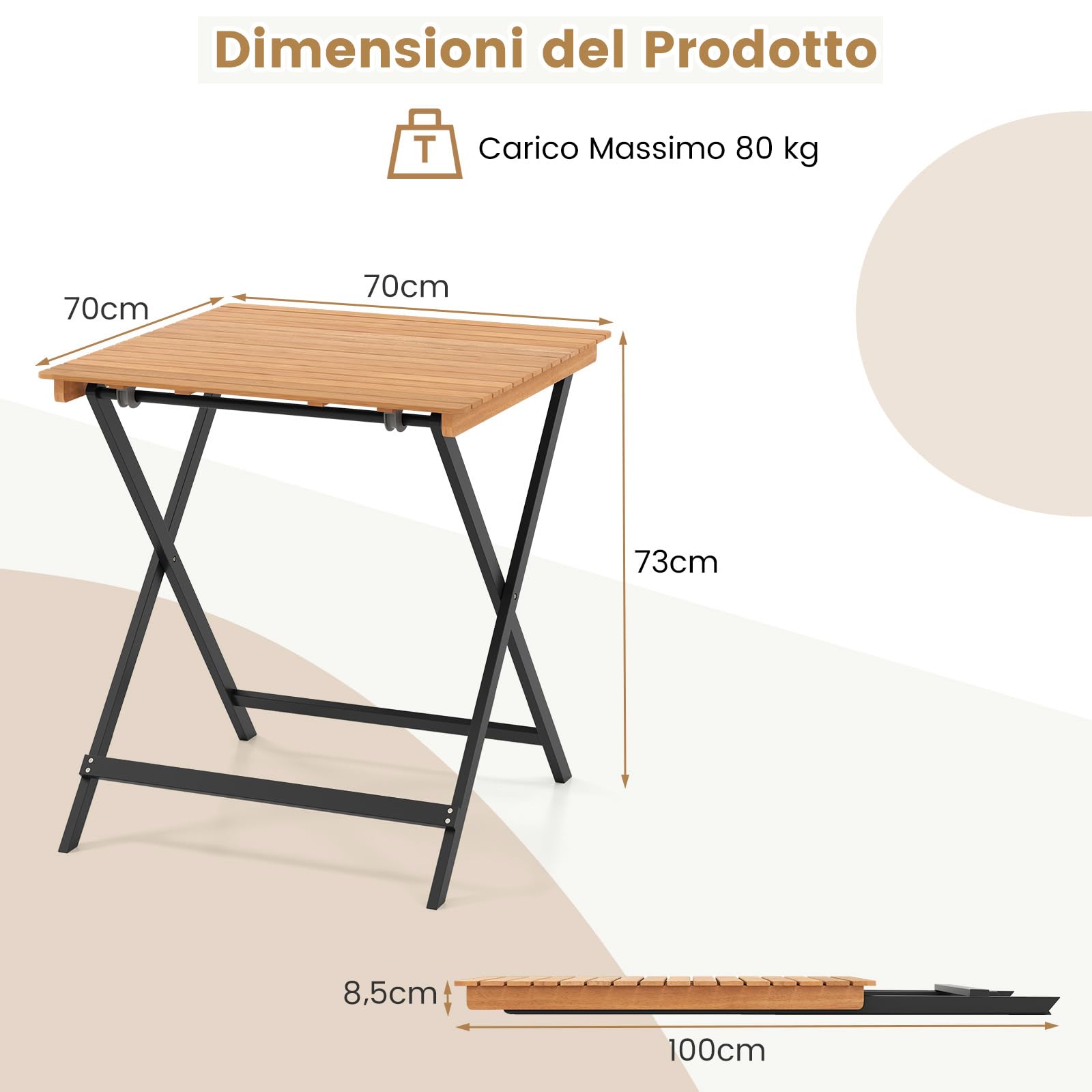 COSTWAY Tavolo Pieghevole da Esterno, Quadrato in Legno di Acacia, 2 Ganci di Fissaggio, Struttura a X, per Balcone Terrazzo Giardino, Portata 80 kg