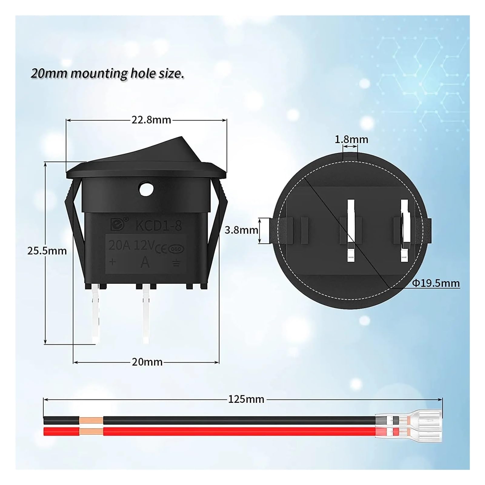 BUUV 2PCS Round KCD1 Rocker Switch 12V ON Off Mini Toggle Switch 2 Pin SPST 10A/125V 20MM with Wire for Auto Car Marine Boat, Black