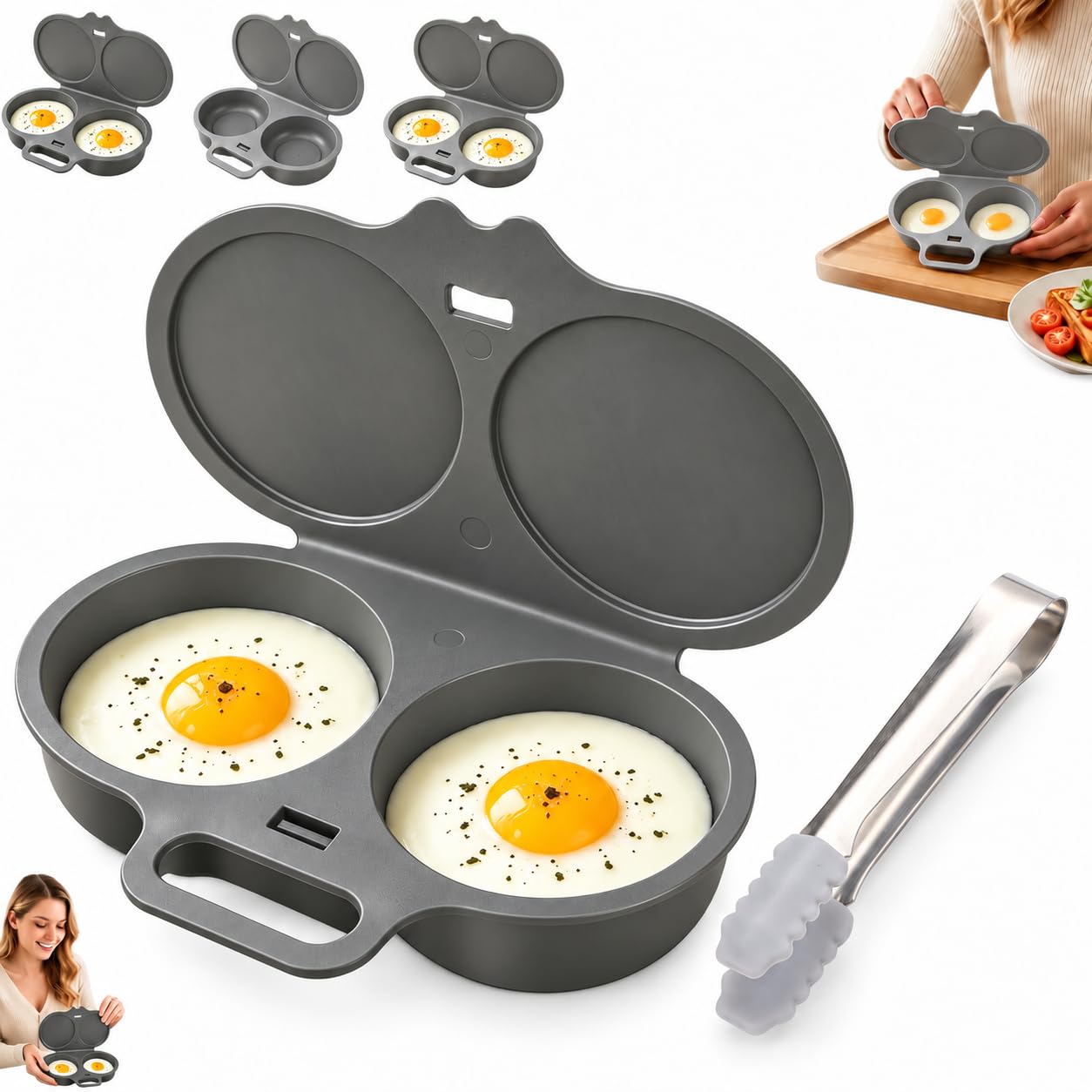Microwave Egg Poacher, Dual Cavity with Lid and Handle (Black＋clip)