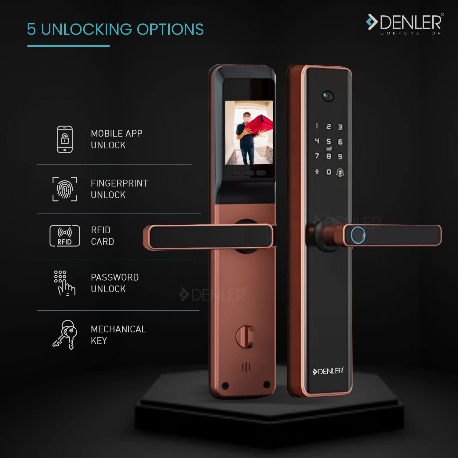 Denler DL04H Rose Gold Smart Lock Digital Door Lock Wi-Fi Remote Unlock Using App, Fingerprint, RFID Card, PIN, Manual Key Access 3 Years Warranty, Aluminum