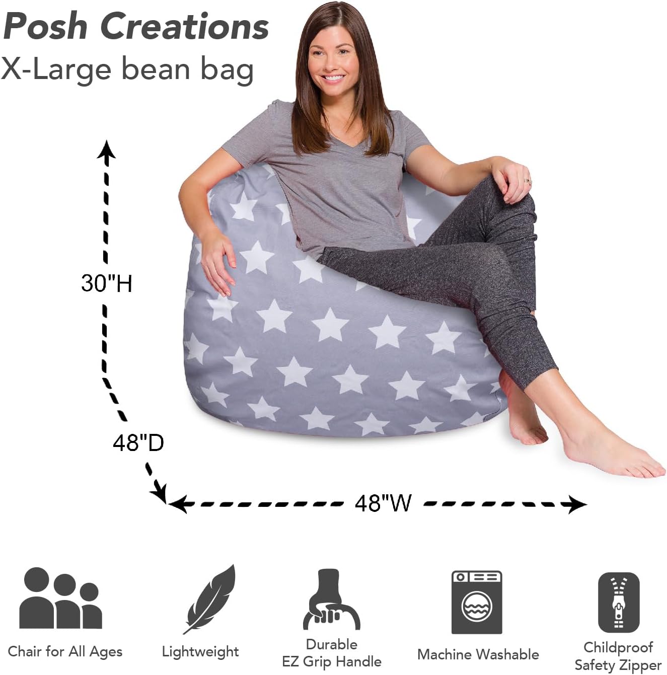 Posh Creations Bean Bag Chair for Kids, Teens, and Adults Includes Removable and Machine Washable Cover, Canvas White Stars on Gray, 48in - X-Large