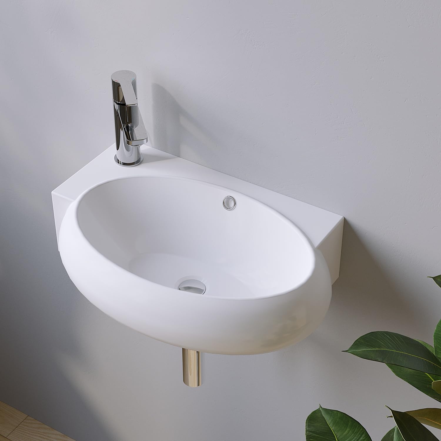 Lavabo de salle de bain en céramique ovale suspendu Petit 44 x 29 x 13,5 cm – avec trop-plein et trou de robinet (à gauche), sans meuble inférieur, montage mural, bord ultra fin, nombreuses