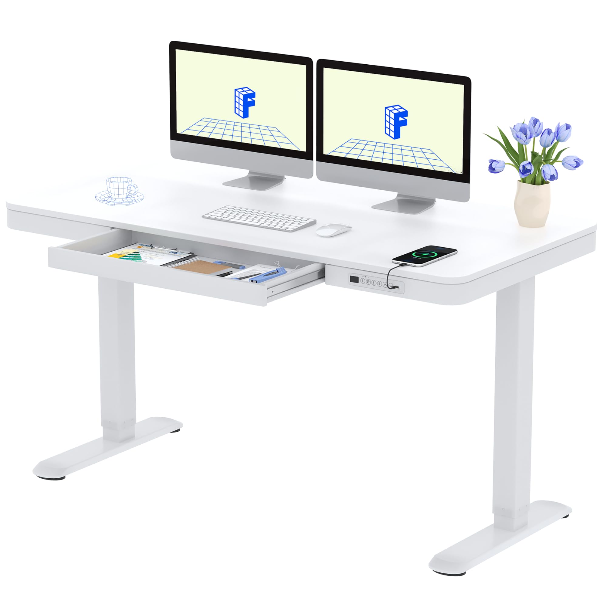 FLEXISPOT Scrivania elettrica regolabile in altezza con indicatore LED di altezza, funzione Memory e USB, scrivania elettrica con cassetto per ufficio domestico 140 x 70 cm (Bianco elegante)