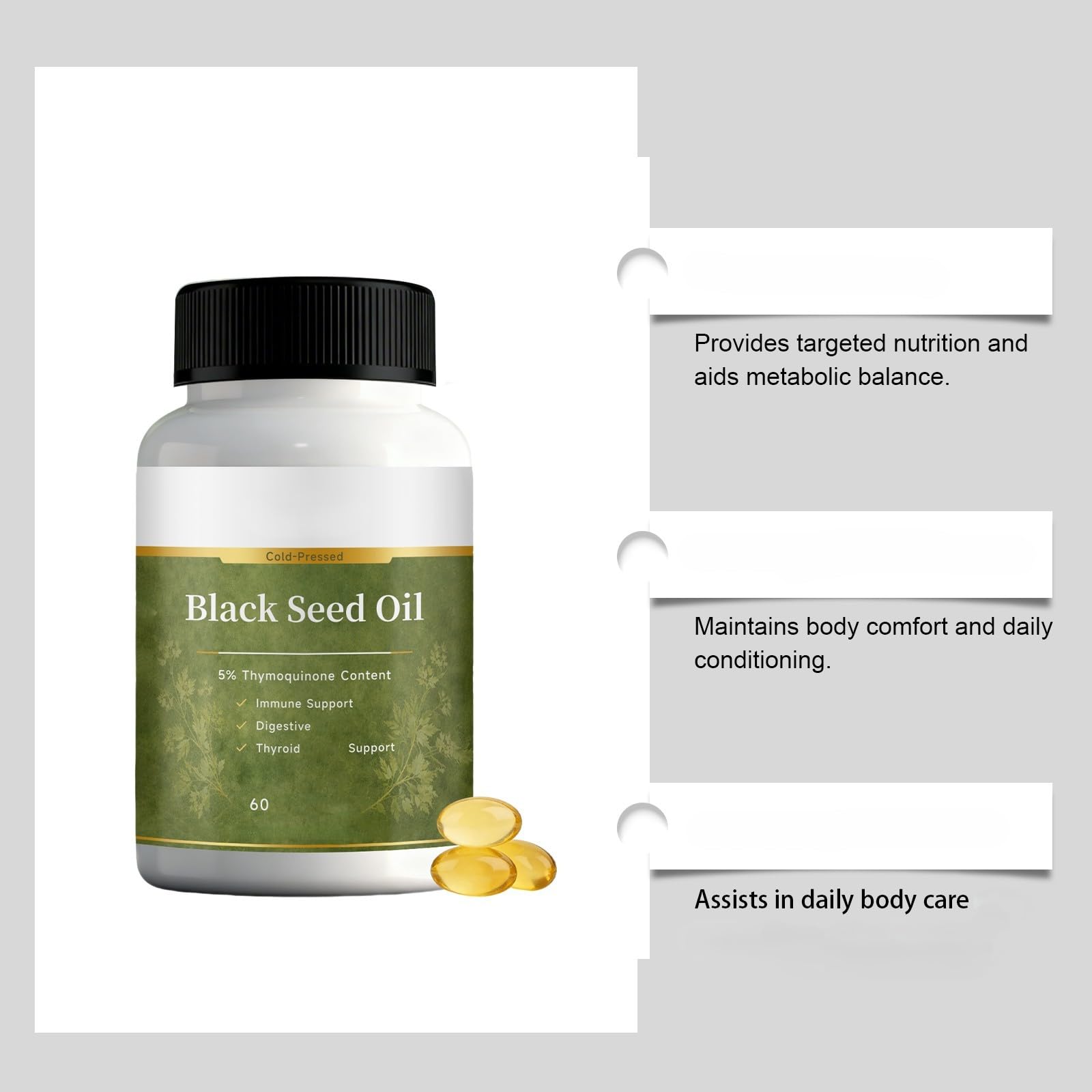 Aceite de semilla negra prensado en frío - 5% timoquinona - Apoyo digestivo e inmunológico - Sin gluten sin OGM - 60 unidades,2Pcs