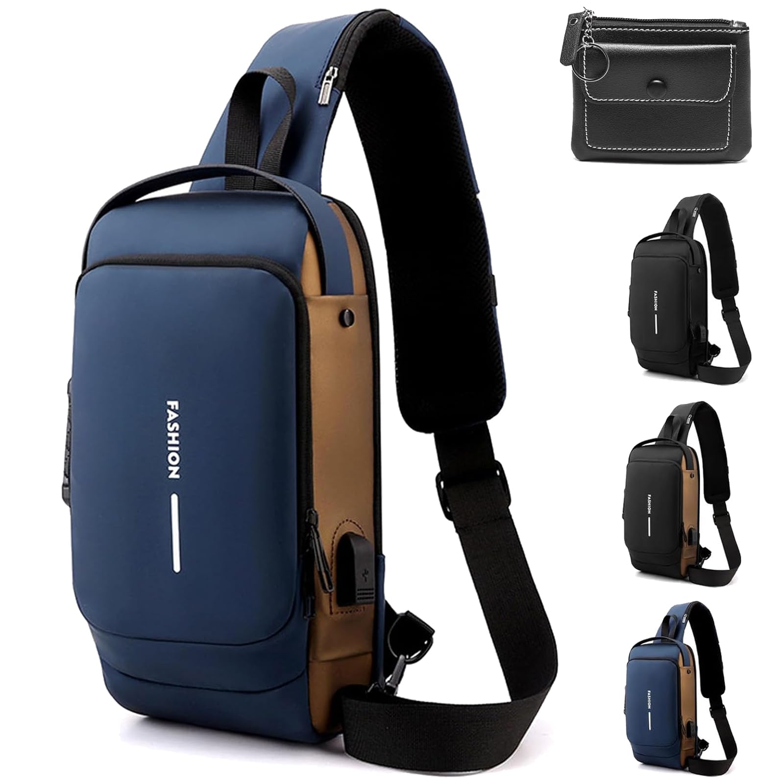 GDSAFS New Carbon Fiber Streamline Anti-Theft Sling Bag, Carbon Fiber Sling Bag, Usb Charging Sport Sling Shoulder Backpack (Blue With Brown)