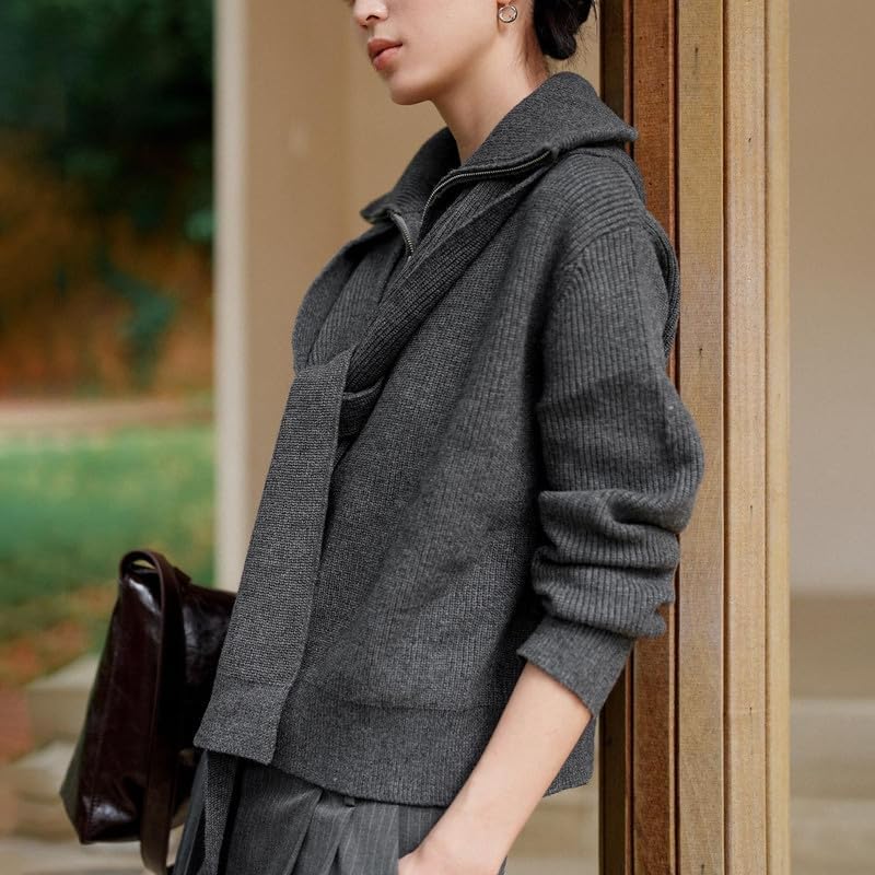 URBAN REVIVO Women Pullover Sweater Long Sleeve with Detachable Cape & Shawl Collar Zip