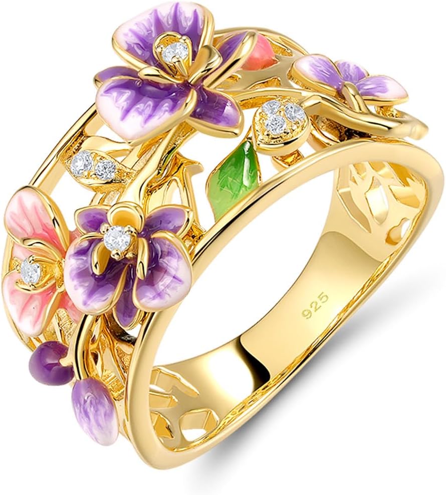 Santuzza 925 Sterling Silver Dragonfly Openwork Ring Cubic Zirconia Enamel Flower Ring 14K Gold Plated Vintage Jewelry