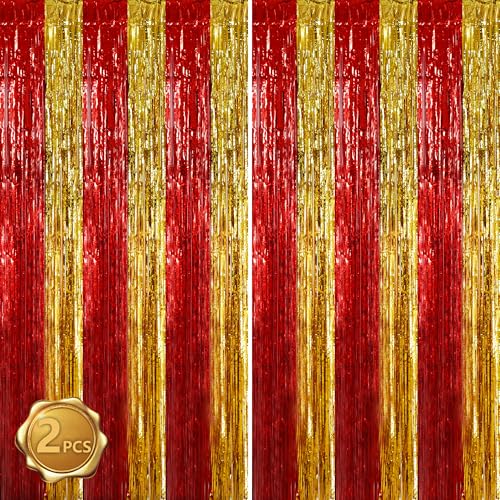 Image of BEISHIDA Red Gold Door Streamers Backdrop Foil Fringe Tinsel Party Streamers Curtains Photo Backdrop for Birthday Graduation Christians Party Decoations