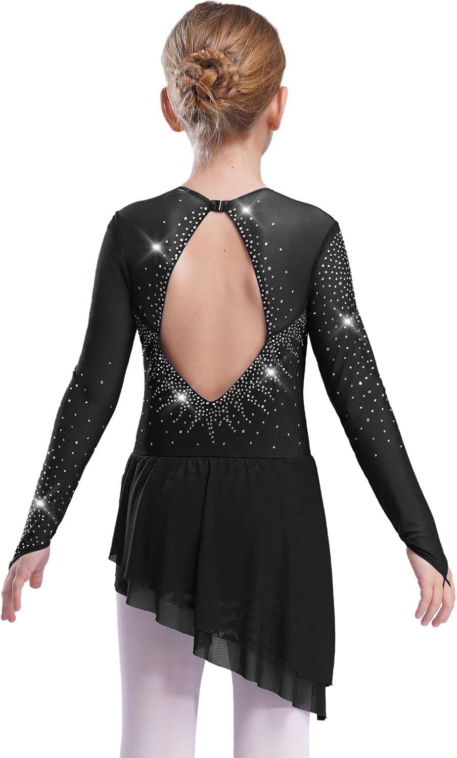 Girls Sparkly Figure Ice Skating Dress Mesh Long Sleeve Irregular Hem Ballet Lyrical Dress Ballroom Dancewear