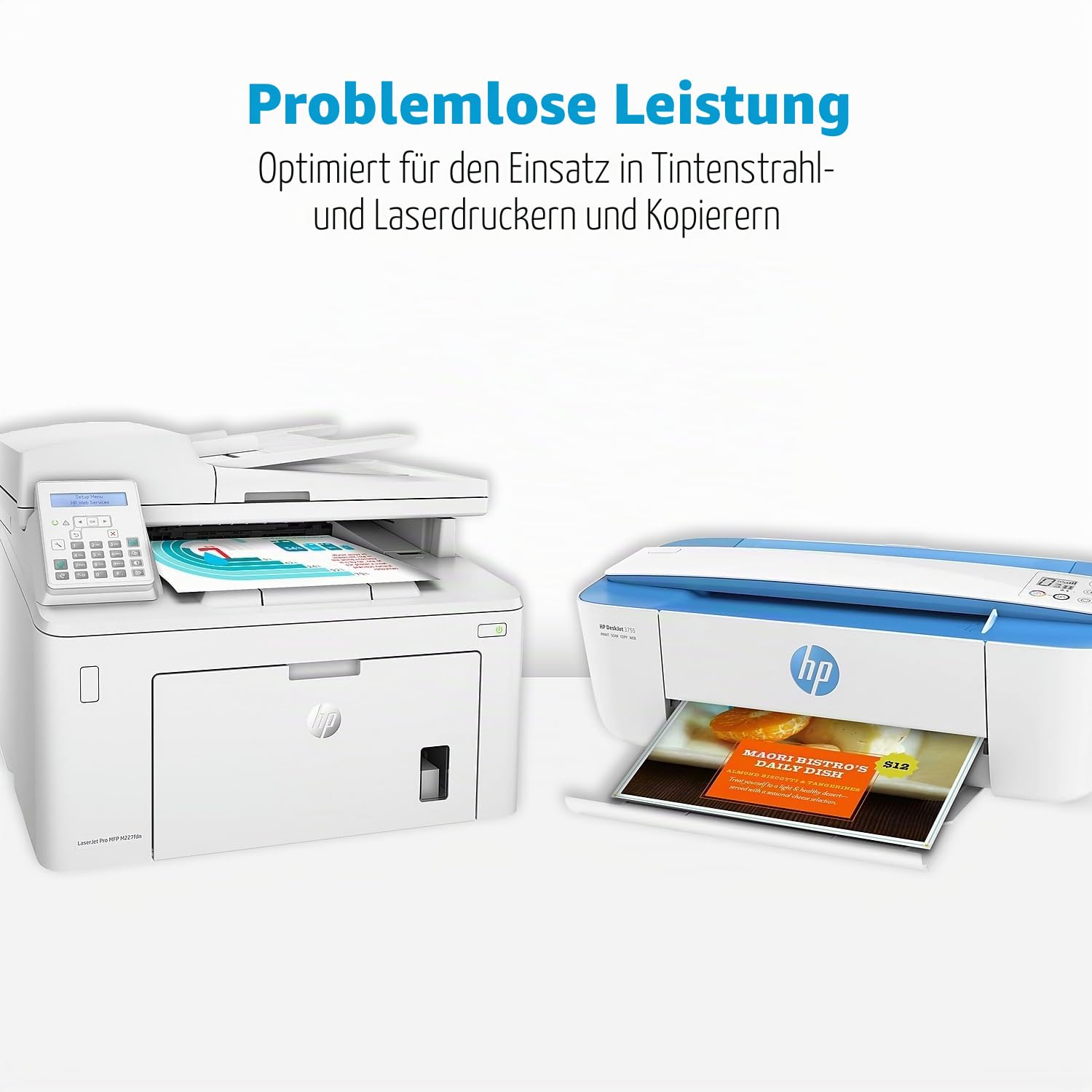 HP Druckerpapier Premium, hergestellt in den USA, Forest Stewardship Council (FSC) zertifizierte Ressourcen, säurefrei, entwickelt für HP-Kompatibilität.