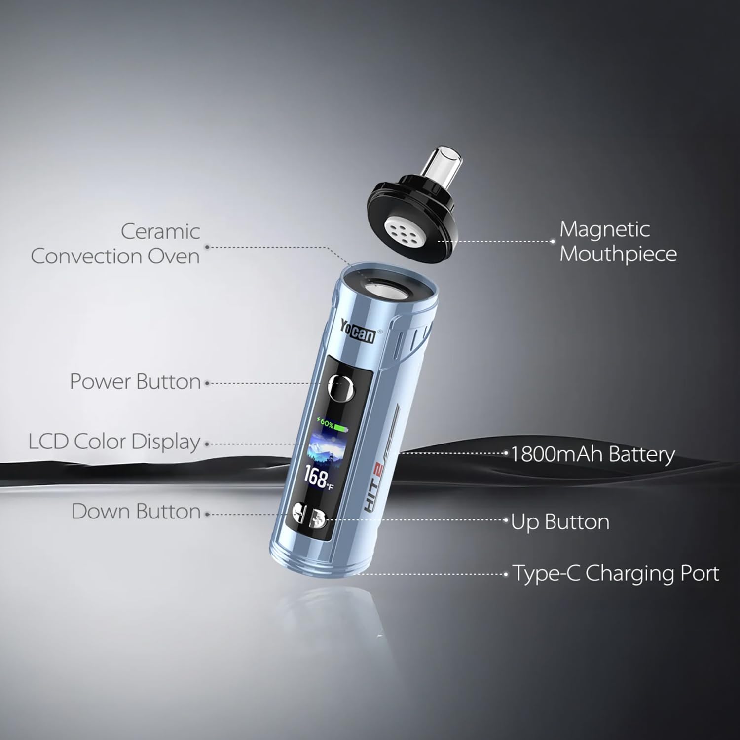 Yocan Hit 2 Vaporizer Kräuter | Tragbarer Verdampfer Kräuter mit Konvektionsheizung | Präzise Temperatureinstellung 93-249°C | Magnetisches Mundstück | LED-Display | 1800-mAh-Akku | USB-C (Schwarz)