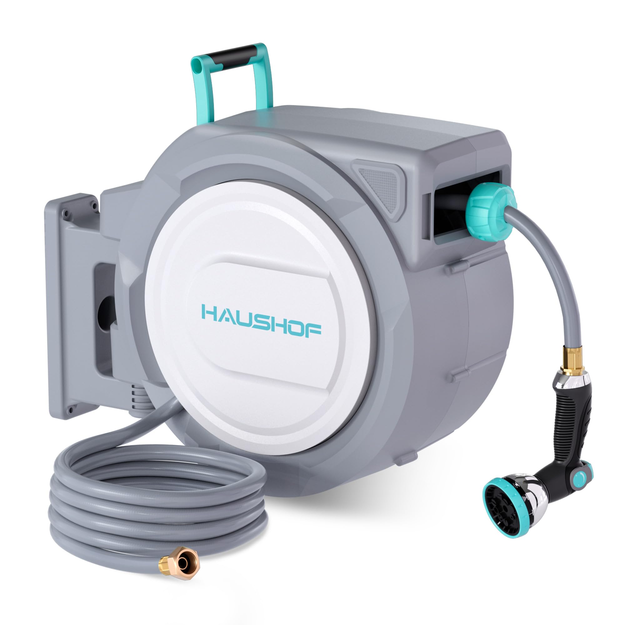 haushof retractable garden hose reel 1/2� x 130 ft, auto-lock at any length, slow return system, wall mounted and 180Ⱐswivel bracket for outside water