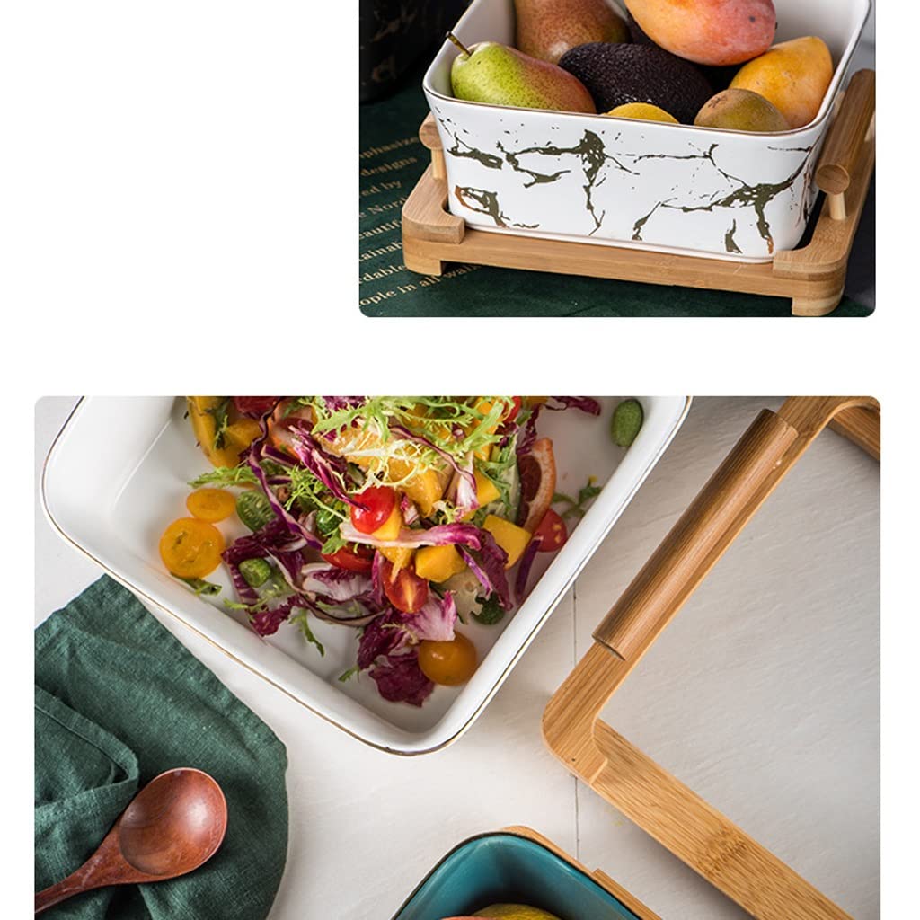 Saladier Bol à Dessert en céramique à Salade en céramique à Motif carré de Fruits en marbre Simple Nordique avec Support en Bois créatif Bol(B2pc,L)