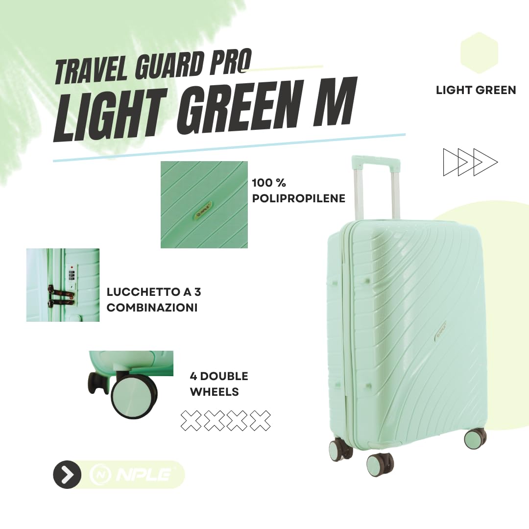 FAMILY-Trolley Medio da Stiva 65x45x30 cm, Valigia Rigida in Polipropilene Antiurto Ultra Resistente, Chiusura a 3 Combinazioni, 4 Ruote Multidirezionali 360°,3,4 kg (Verde, M)