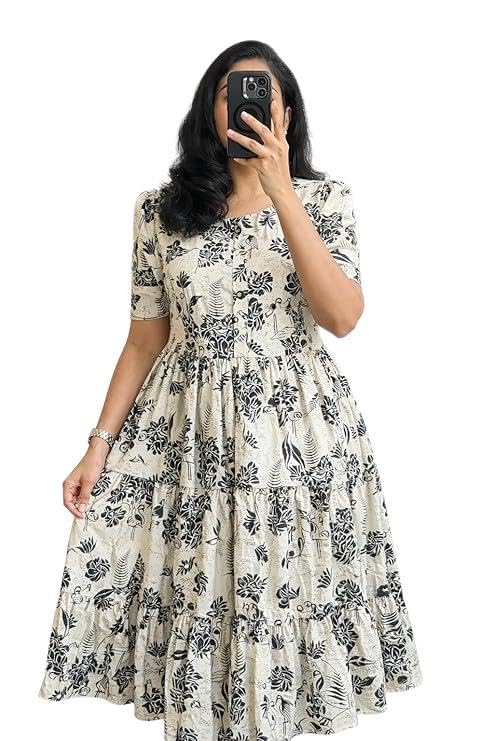 Image of Women's Pure Cotton Maxi Midi Dress Western Dress for Women Elegant Floral Printed Long Dresses | Soft & Breathable Fabric | Casual Trending Dress