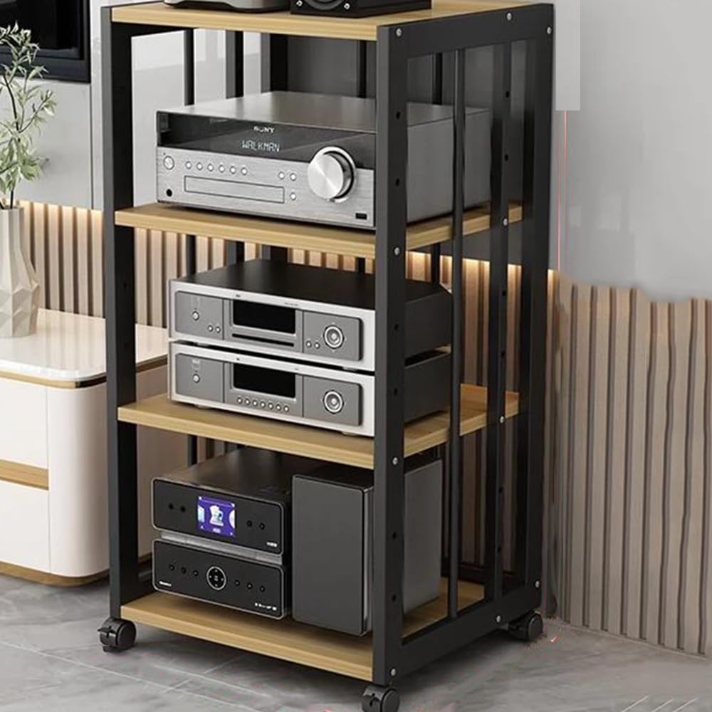 Wielopoziomowy Stojak Na Sprzęt Audio Hi-Fi Z Kółkami, Regulowana Półka Na Gramofon, Szafka Do Przechowywania Konsoli Do Gier, Solidna I Stylowa, Idealna Do Kin(Czarny+Jasny Orzech-4 Poziomy)