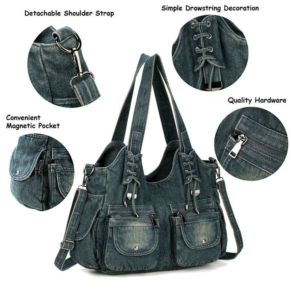 GLDFW - Borsa da donna in denim, stile vintage, blu, con tracolla, grande capacità