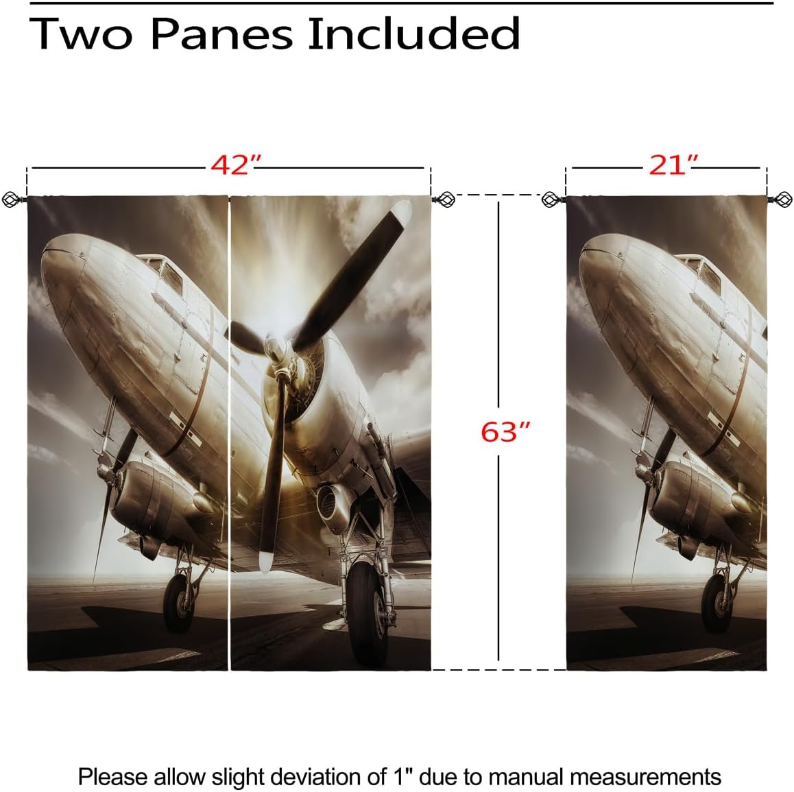 Bomber Blackout Curtains for Girls Boy Home Decor, Retro Airplane Army Vintage World War 2 Military Grommet Thermal Insulated Drapes Darkening Window Curtain for Bedroom Living Room, 42 x 63 Inch