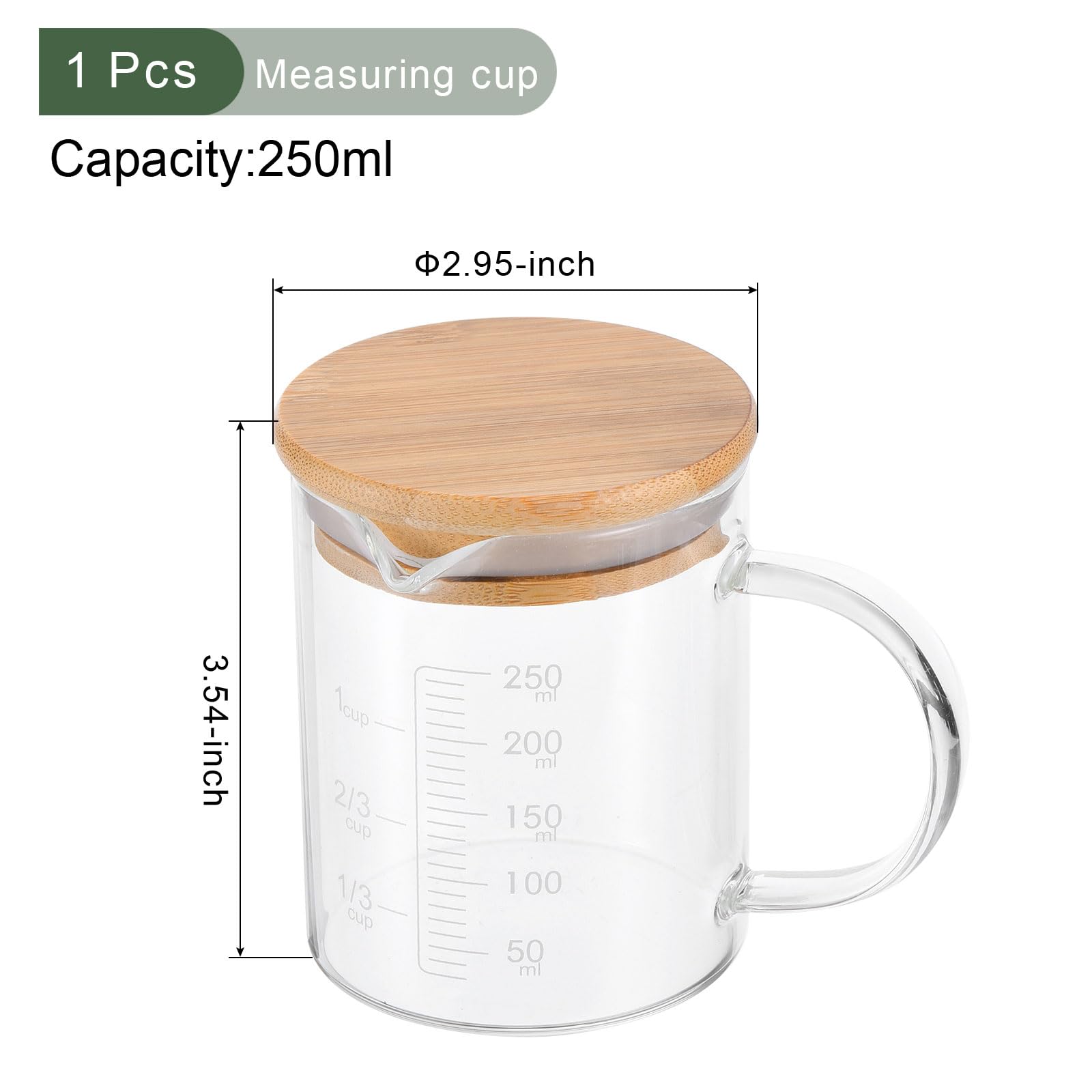 YOKIVE Glass Beaker with Wood Lid, Laboratory Use Liquid Measuring Cup, Great for Lab, Kitchen, Daily Use (Clear, White Scale, 250ML)
