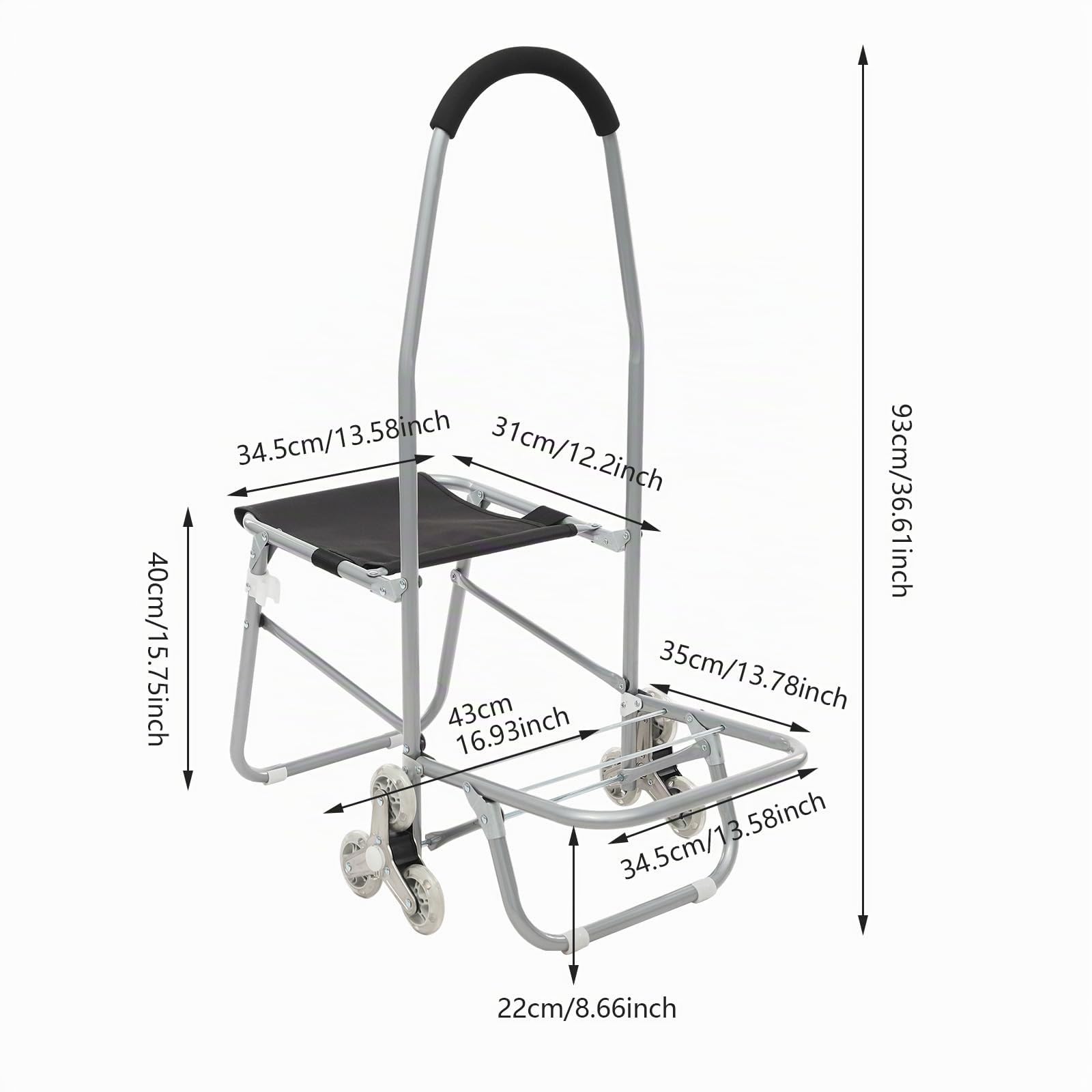 Einkaufswagen Treppensteiger Trolley Einkaufstrolley Klappbar Treppenwagen mit Oxford-Stoff Sitz, Rollender Stuhl Kunstwagen mit Lagerung Staffelei-Wagen (Silber)
