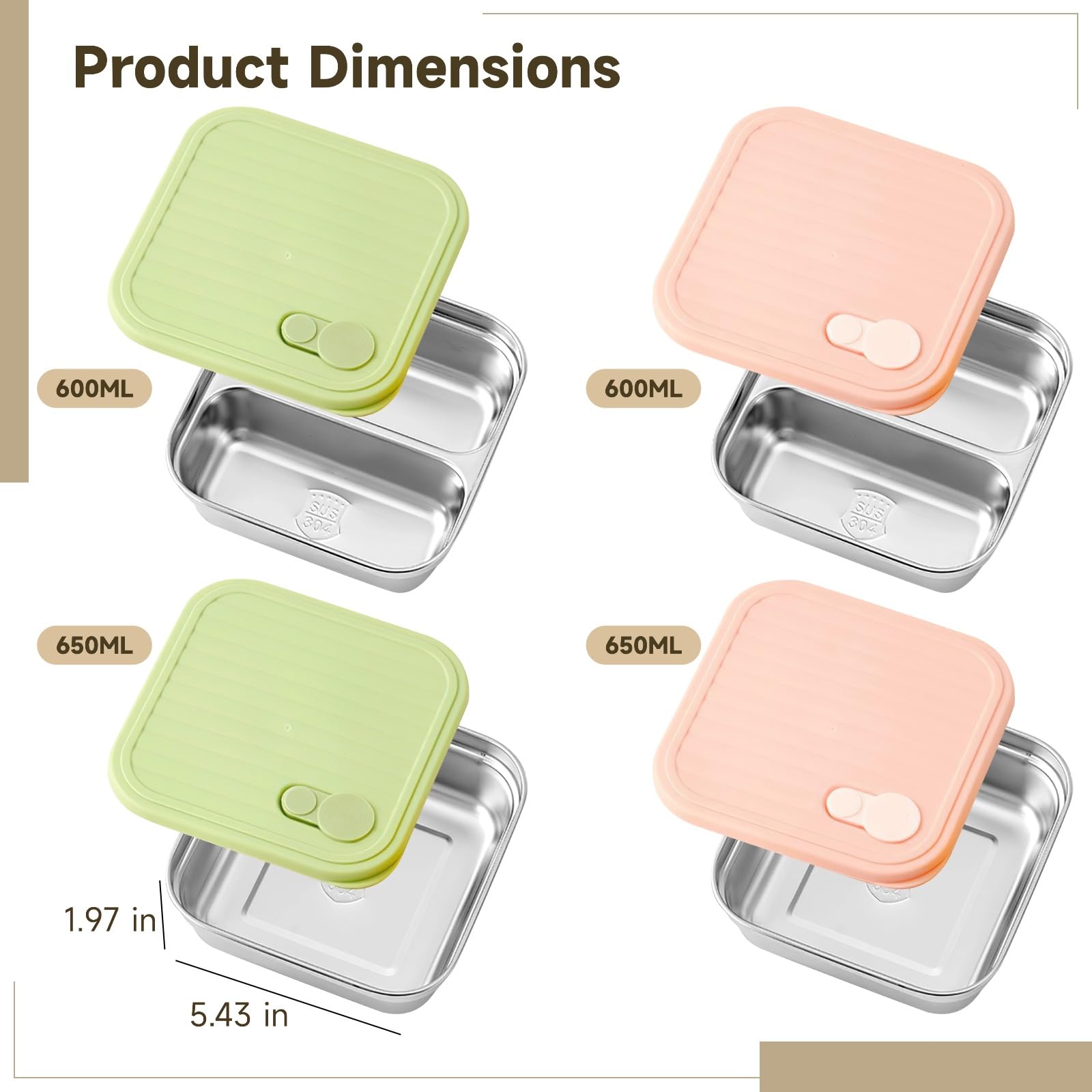 Lot de 4 boîtes repas en acier inoxydable, 2 compartiments simples 21,9 oz, 2 compartiments doubles 20,3 oz, contenants métalliques pour snacks, fruits, sandwichs, déjeuner à emporter