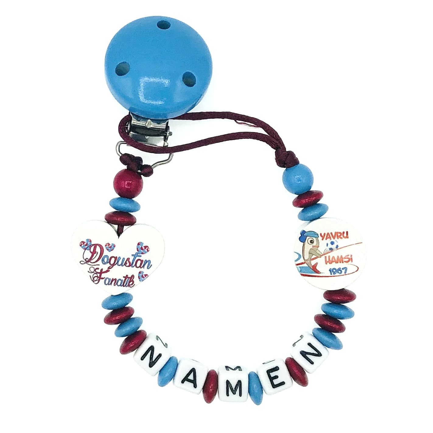 Set Nuckelkette + Kinderwagenkette mit Namen " für TRABZONSPOR Fan - YAVRU HAMSI - DOGUSTAN FANATIK " Skybalu Bordeauxrot/Baby/Unisex/Personalisiert/HANDMADE