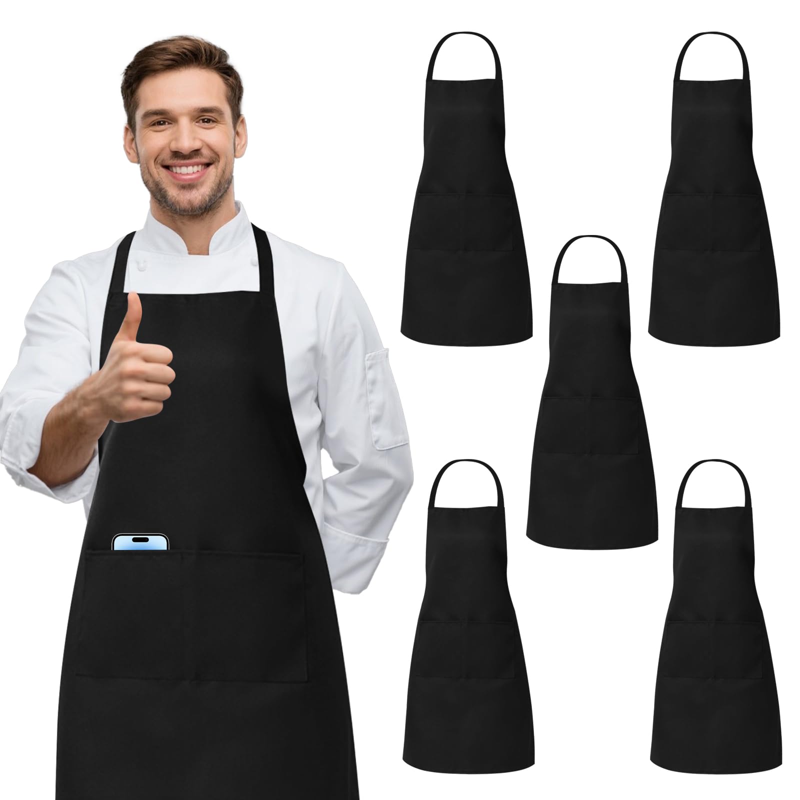 Xumann 5 Pcs Black Chef Apron with Pockets, Waterproof Adjustable Cooking Kitchen Aprons for Men Women