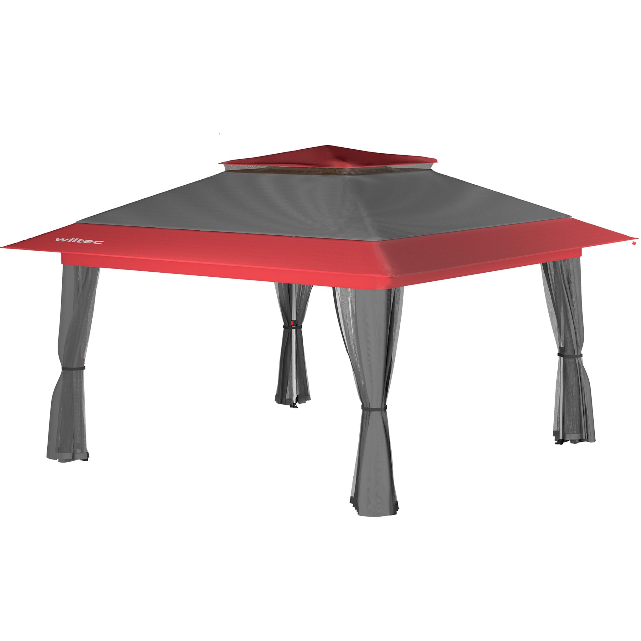 Wiltec Faltpavillon Moskitonetz 3,92 x 3,92 m grau rot, Gartenpavillon mit Rädern und Mückennetz, Partyzelt mit One Push-Technik und verstellbaren Beinen