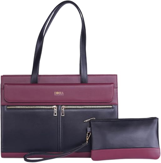 HORRA 14 Inch Laptop Tote Bag For Women Office use- Black and Wine| Laptop Tote for Work| For College| Latest Stylish Ladi...