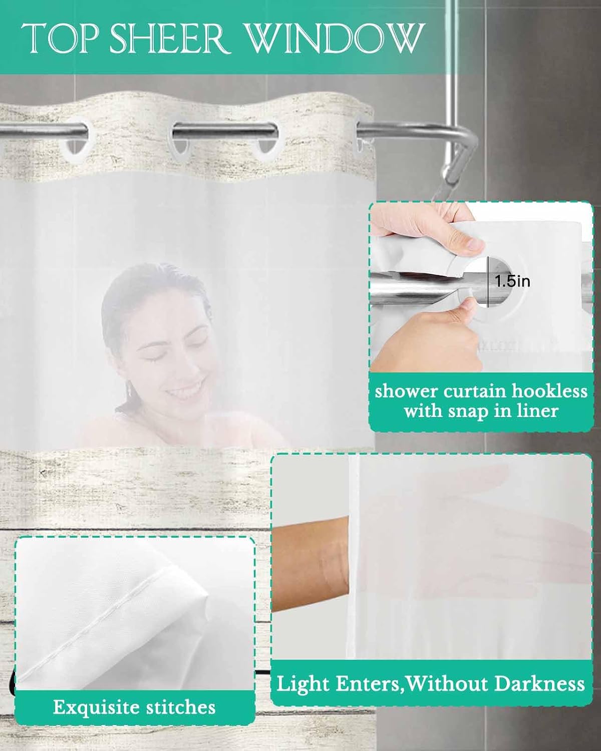 ALAGEO Shower Curtain with Snap-in Fabric Liner Set Farmhouse Style No Hook Shower Curtain with Mesh Top Window Funny Quote Wood Grain Shower Curtains Waterproof 72x72