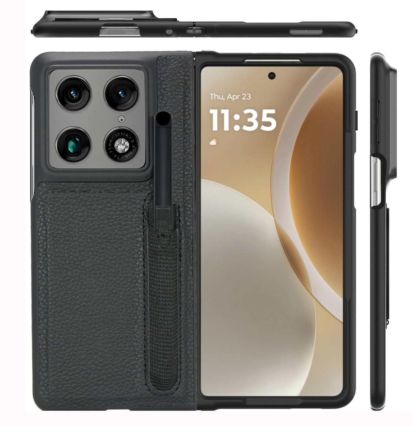 Custodia in pelle per Motorola Moto Razr Fold, con slot per penna e protezione per lo schermo anteriore, custodia rigida in policarbonato antiurto (nero)
