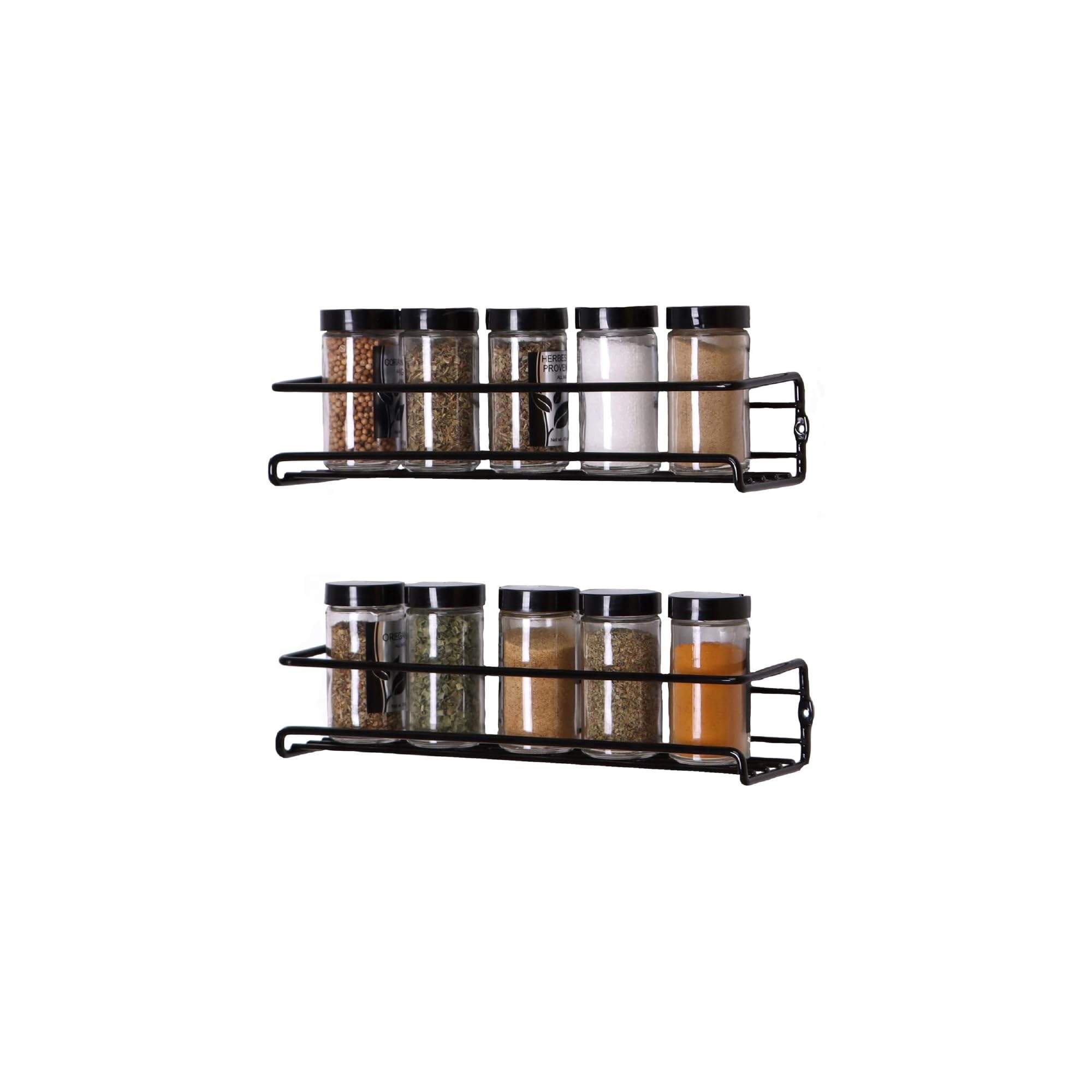 Buckingham Black 2 Tier Spice Racks Organiser Cupboard Wall Mounted With Adhesive Stickers & Screws - Kitchen & Pantry Shelf For Spices And Condiments Spice Jars (2 Tier)