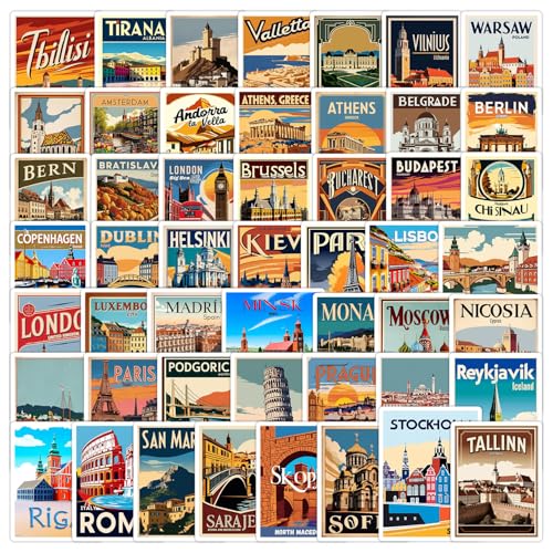50 autocollants de voyage en Europe, graffitis en vinyle imperméables Autocollants esthétiques en vinyle imperméables et colorés pour ordinateur portable, skateboard,
